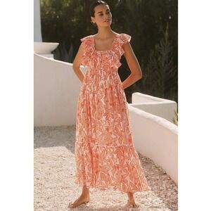 Ro's Garden Orange Floral Block-Print Tiered Maxi Dress Size M Anthropologie